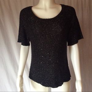 Sequined knit short sleeved sweater silver threads